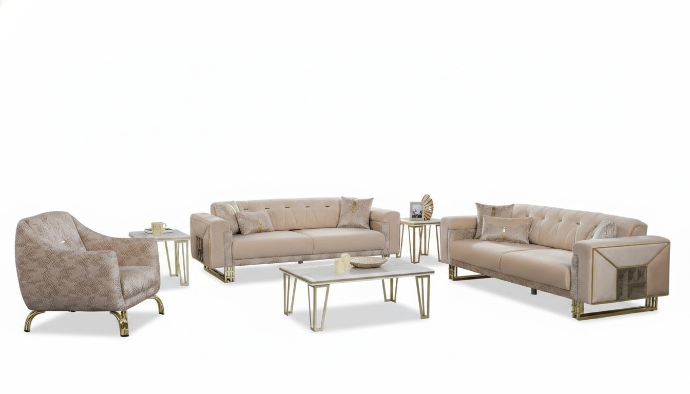 Komplette Beige Sitzgarnitur Wohnzimmer Sofas Luxus Sessel Couchtisch