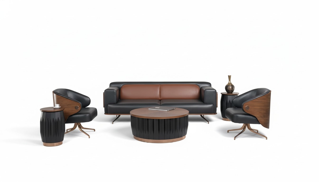 Komplette Büro Schreibtisch Leder Bürotisch Set 5tlg Holz Schwarz Luxus Groß Neu