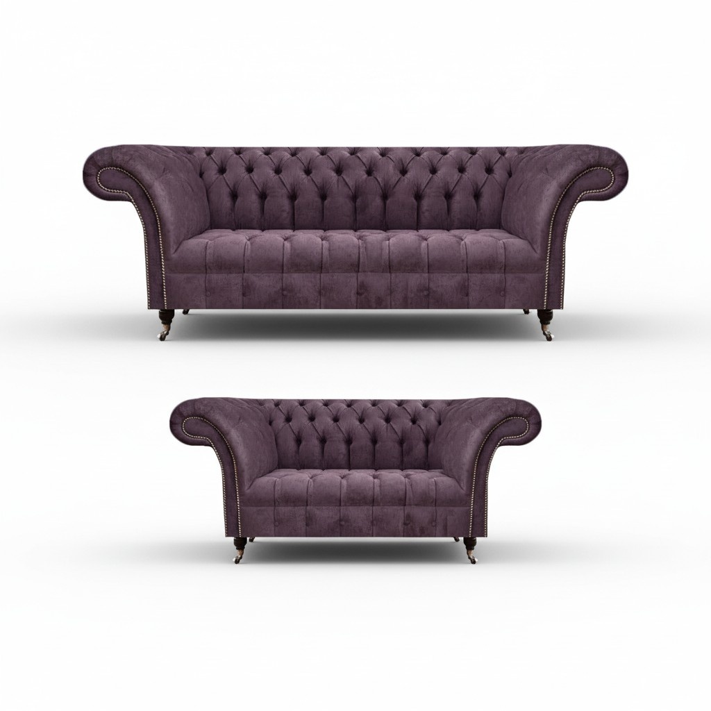 Komplette Chesterfield Lila Sitzgarnitur 2x Sofas Dreisitzer 2-Sitzer