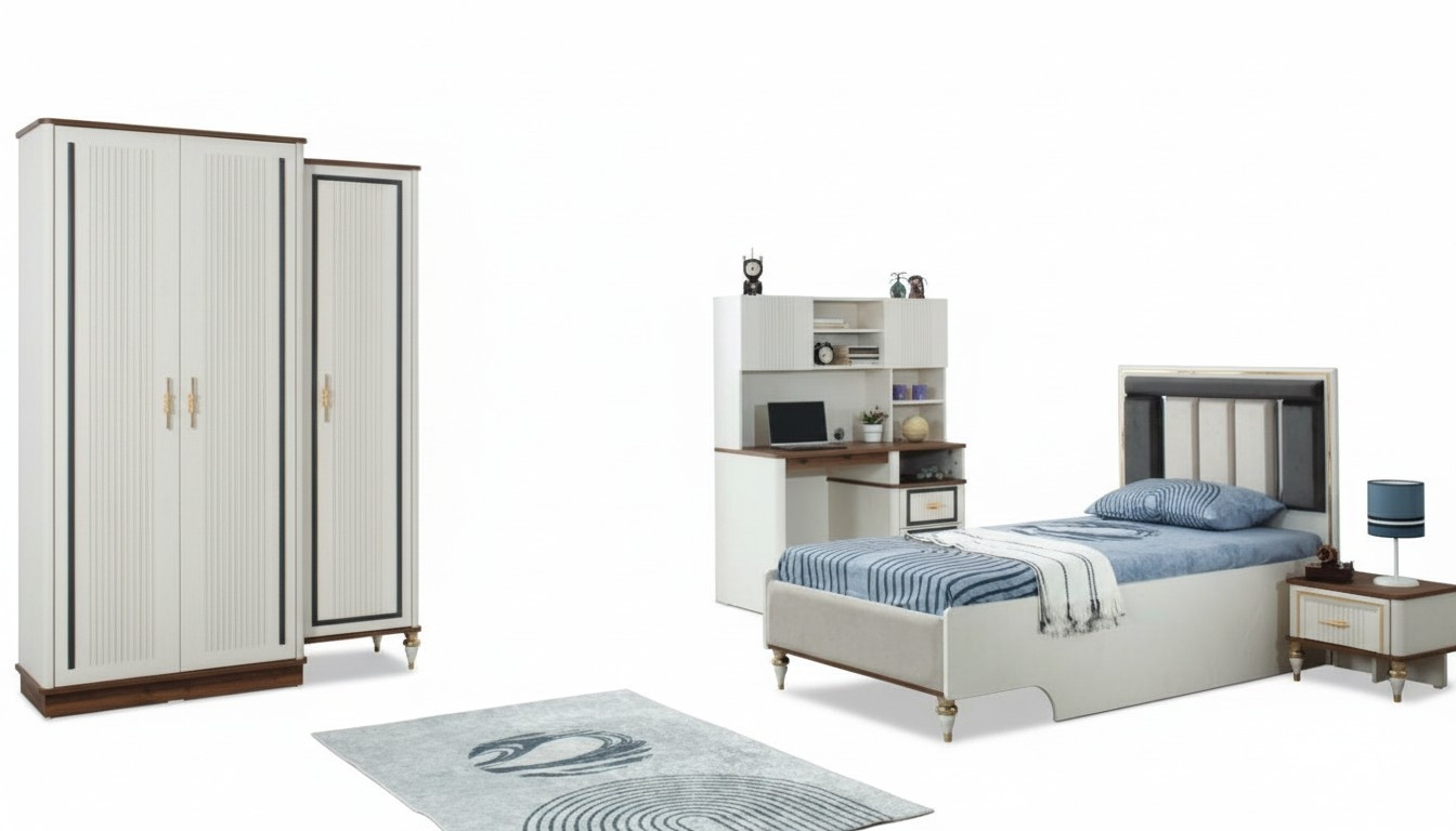 Komplette Jugenbett Kindermöbel Kinderbett Weiß Holz Set 4tlg Modern