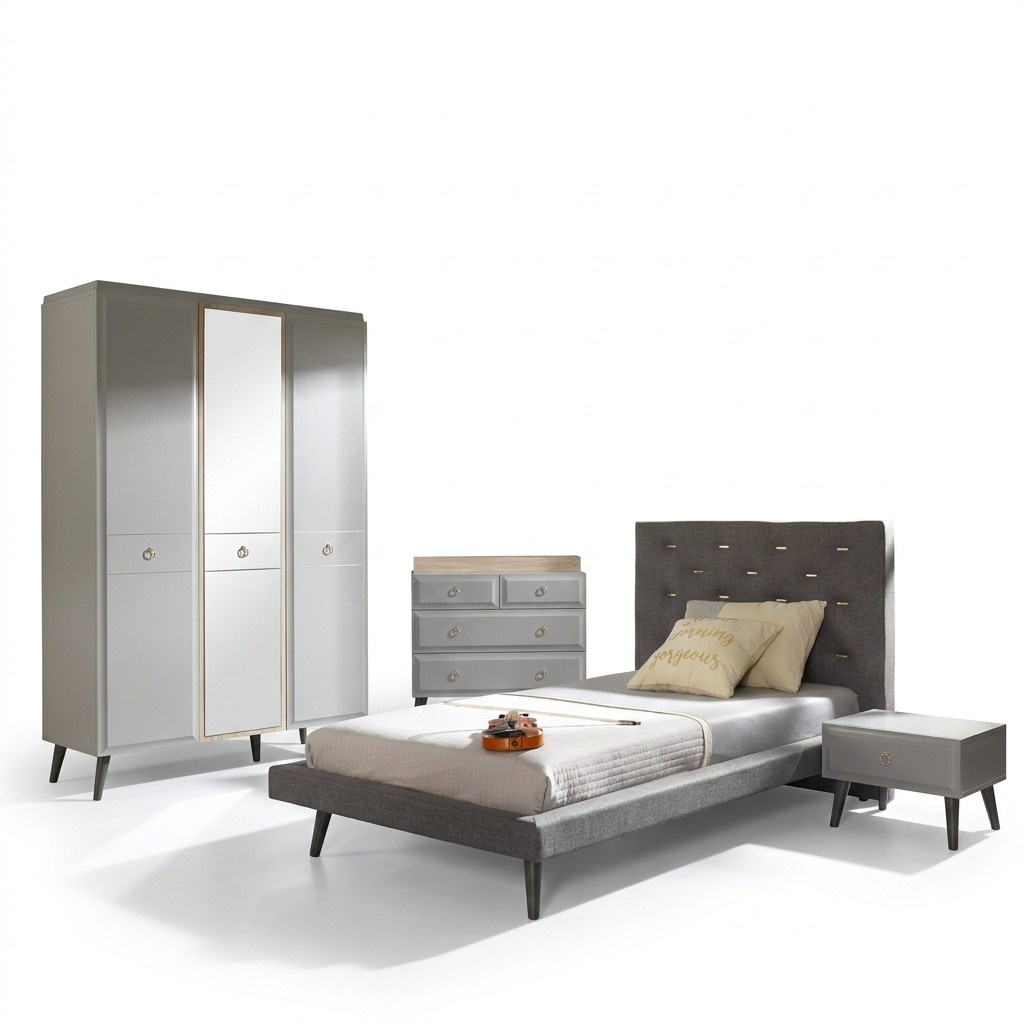 Komplette Jugendbett Schlafzimmermöbel Holzbett Bett Grau Set 4tlg