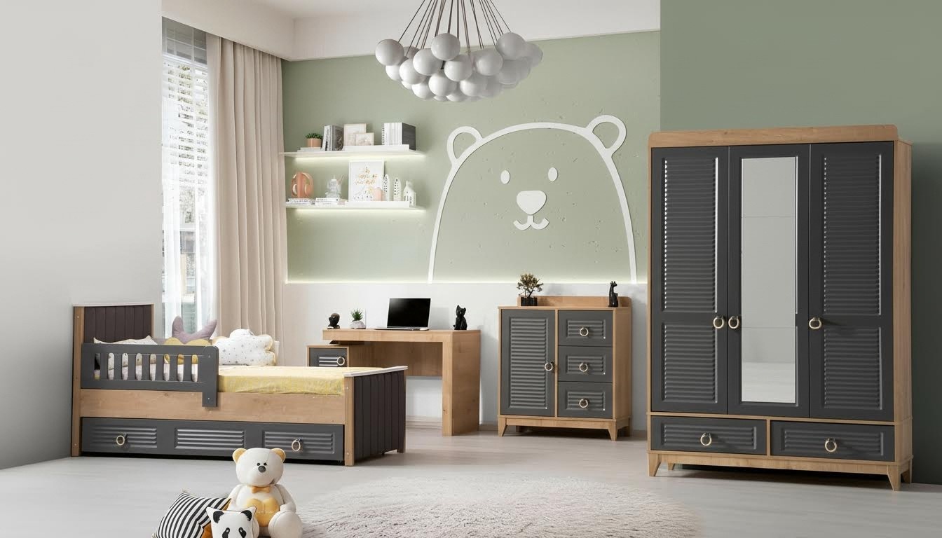 Komplette Kindermöbel Kinderbett Holz Möbel Set 4tlg Kinderzimmer Grau