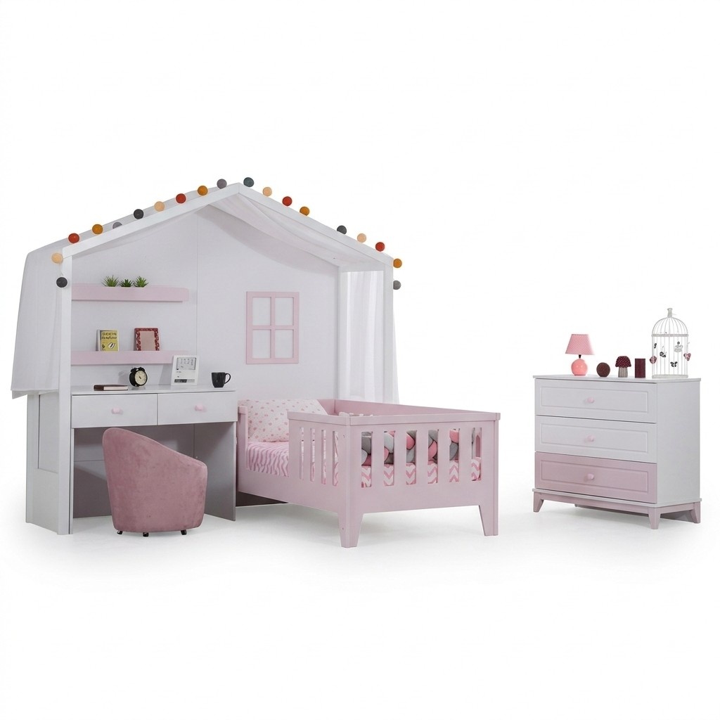 Komplette Kinderzimmer Garnitur Designer Kinderbett mit SchreibtischWeiß Kommode