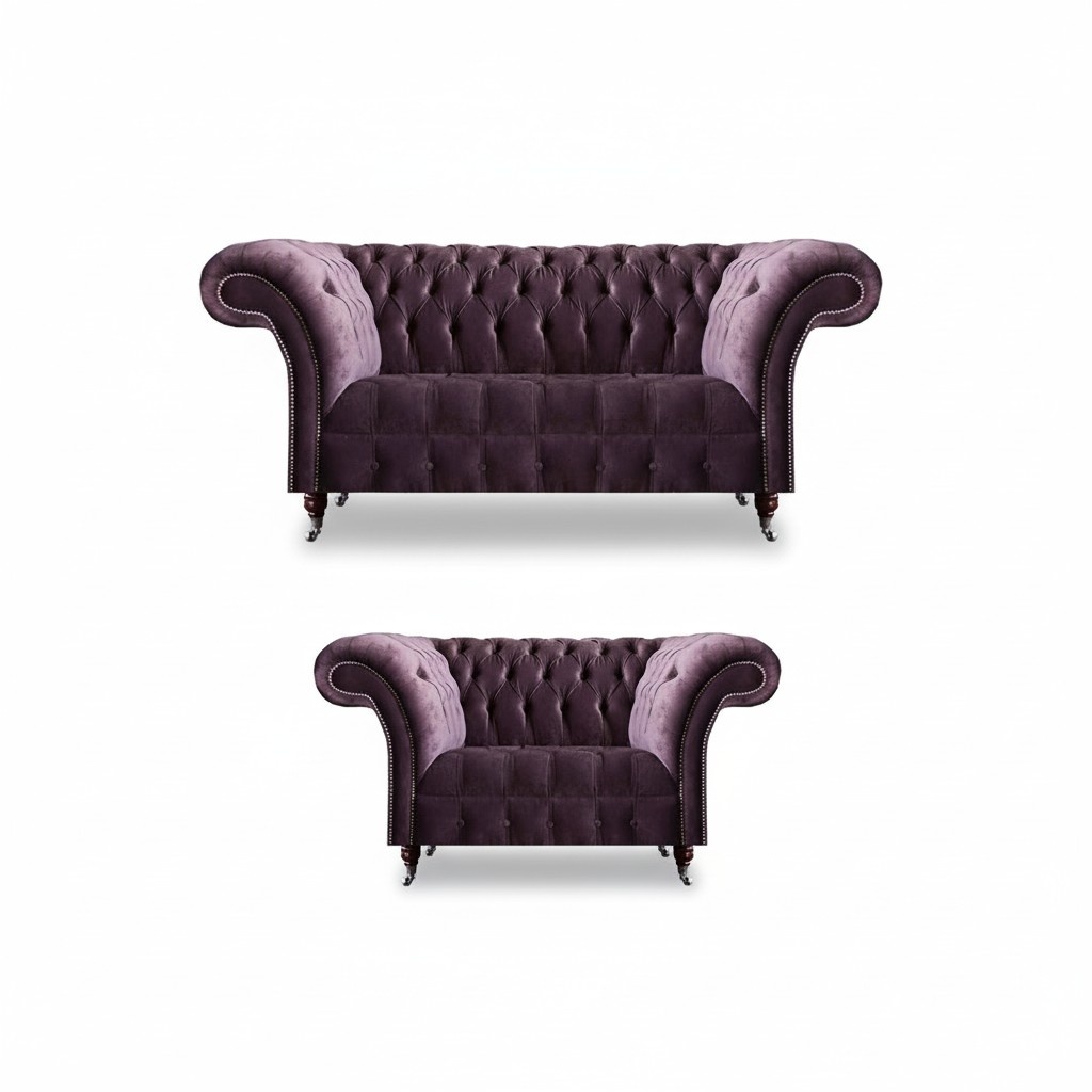 Komplette Lila Chesterfield Sitzgarnitur Textil Dreisitzer 2-Sitzer 2tlg