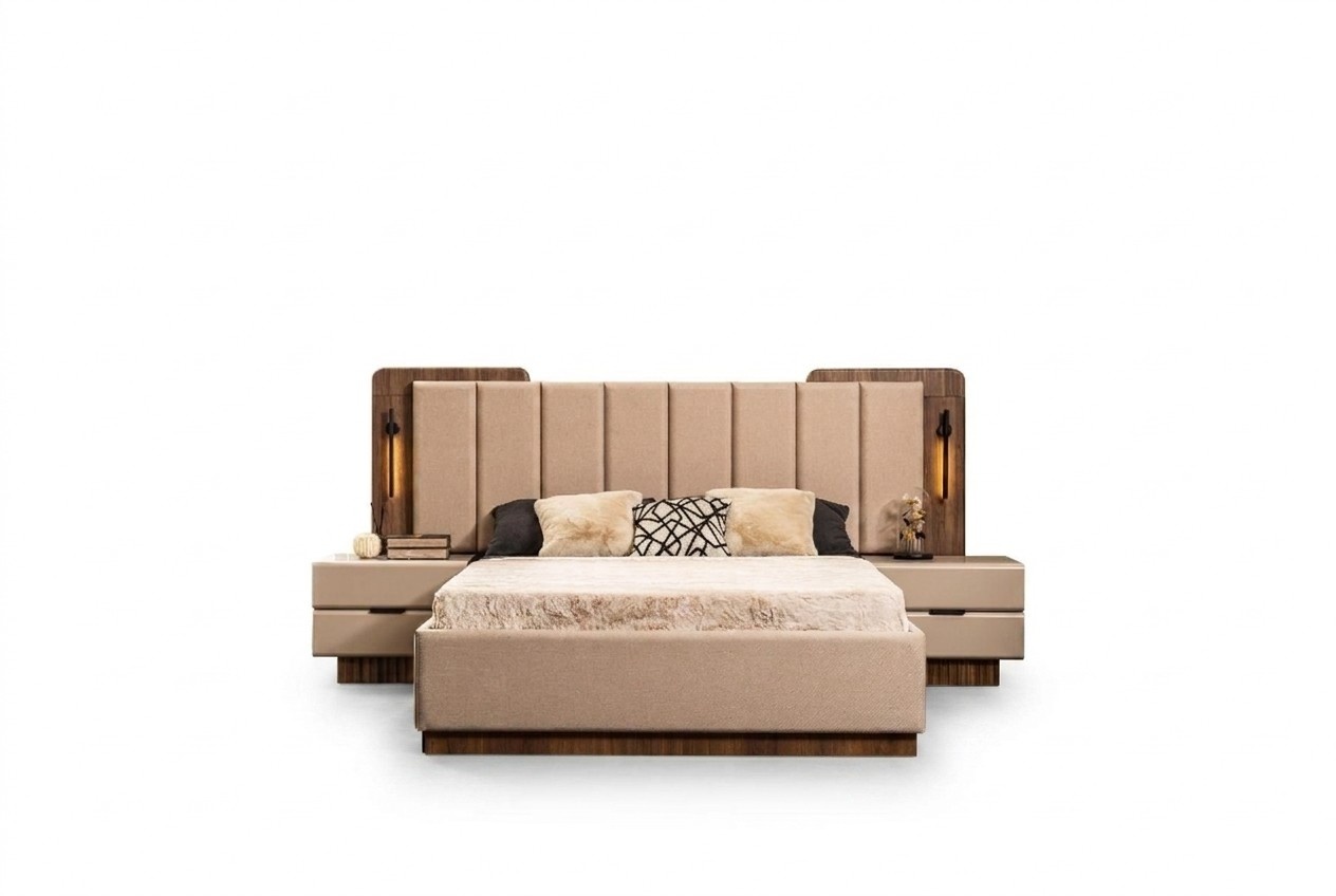Komplette Schlafzimmer Doppelbett Bett Nachttische Beige Stoff 3tlg