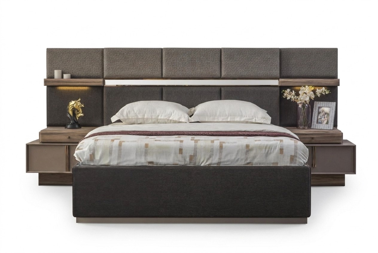 Komplette Schlafzimmer Doppelbett Set 3tlg Bett Nachttische Grau Stoff