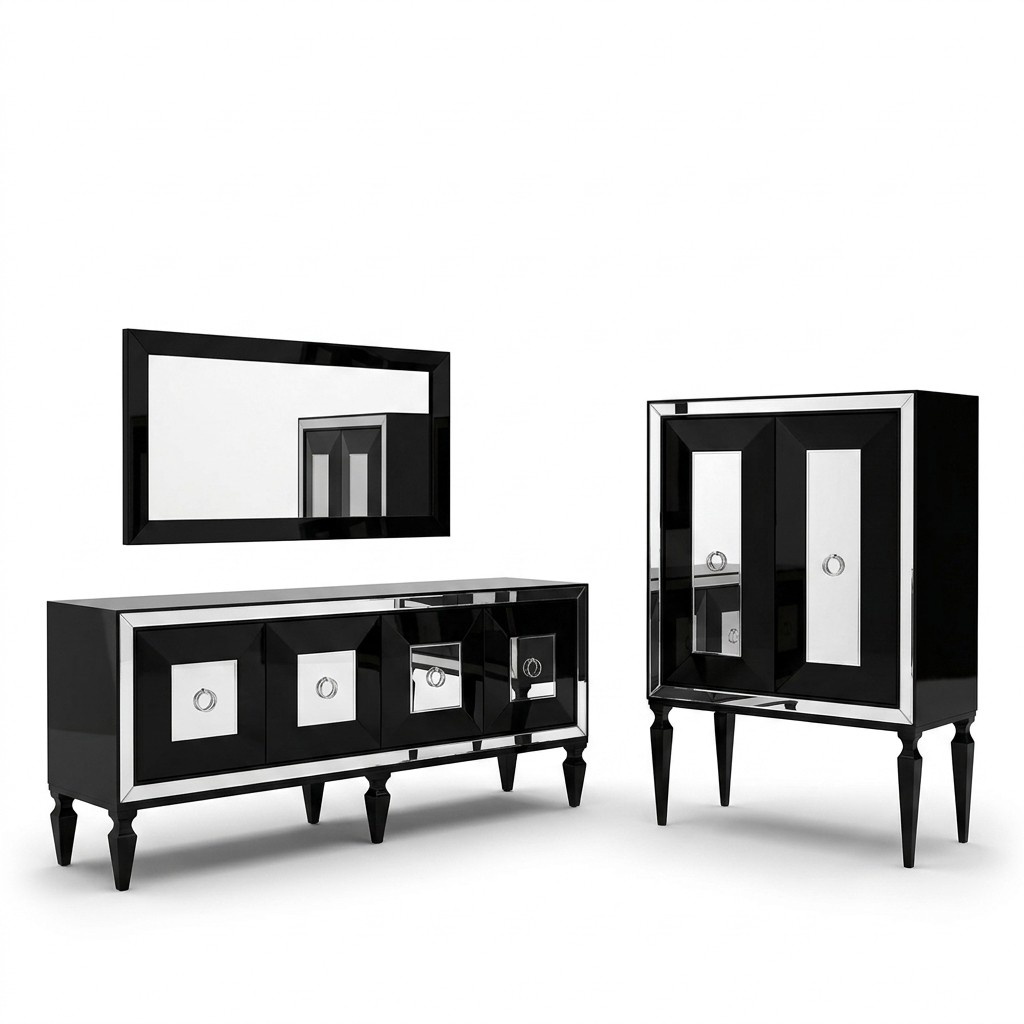 Komplette Sideboard Spiegel Barschrank Schwarz Holz Anrichte Schrank