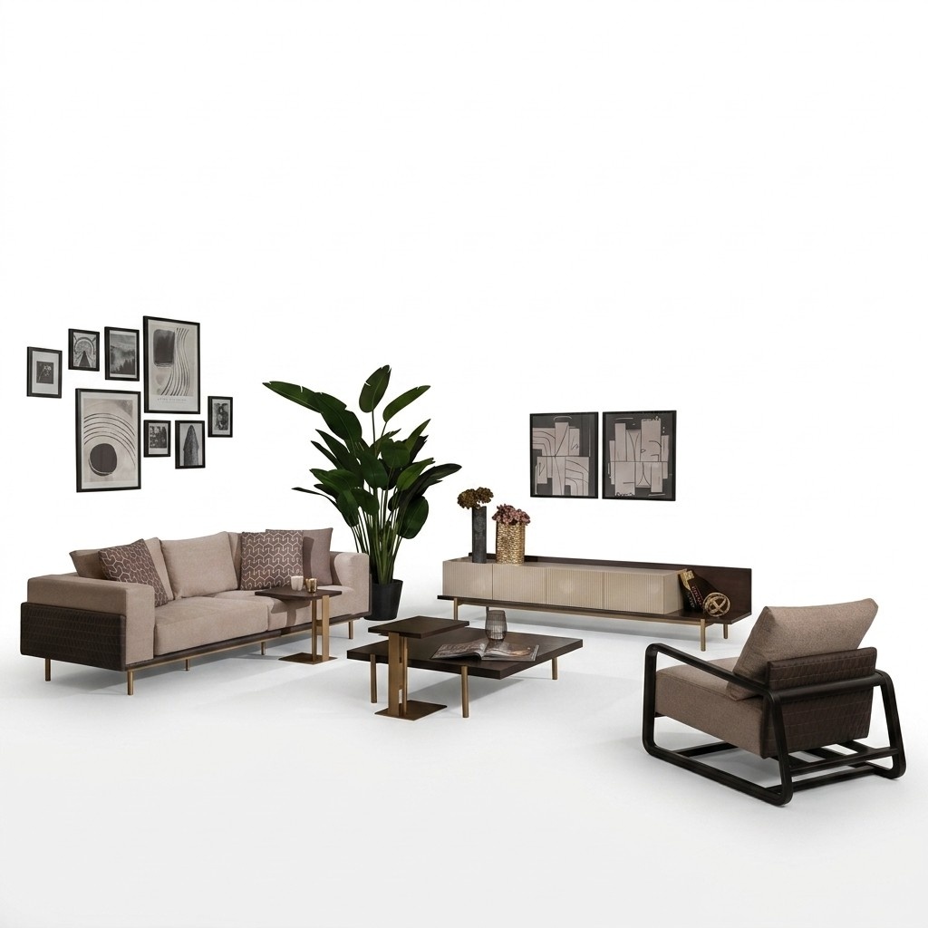 Komplette Wohnzimmer Sofa Couchtische 6tlg Stoffsofa Beige Holz Modern