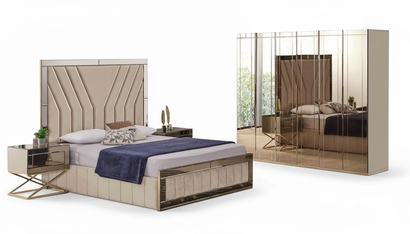 Komplettes Beiges Schlafzimmer Set Designer Bett Nachttische Schrank 4tlg
