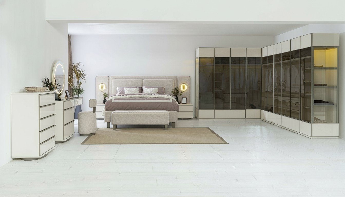 Komplettes Schlafzimmer Set Designer Bett Nachttische Schminktisch 7tlg