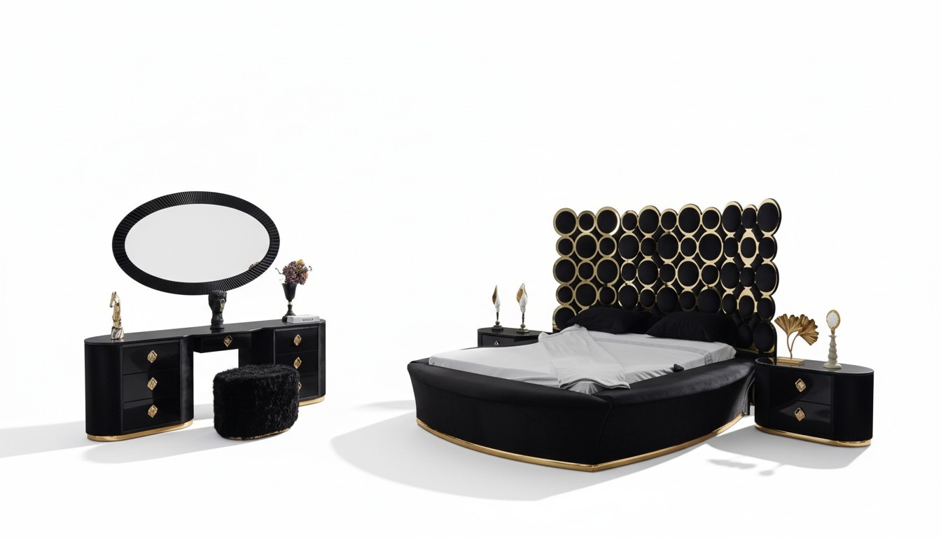 Komplettes Schlafzimmer Set Luxusbett 2x Nachttische Schminktisch Spiegel 5tlg