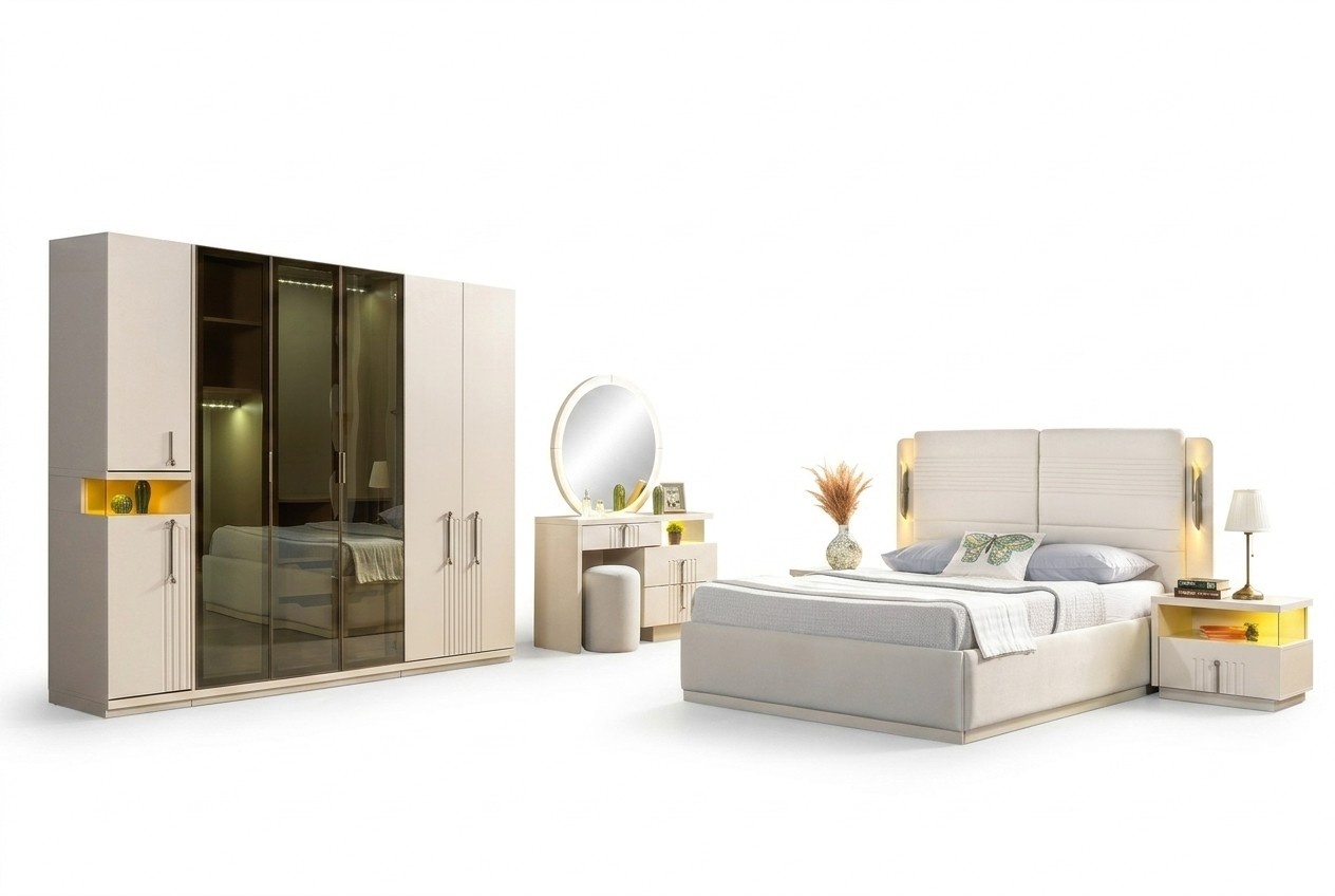 Komplettes Schlafzimmer Set modern Bett Kleiderschrank Nachttische