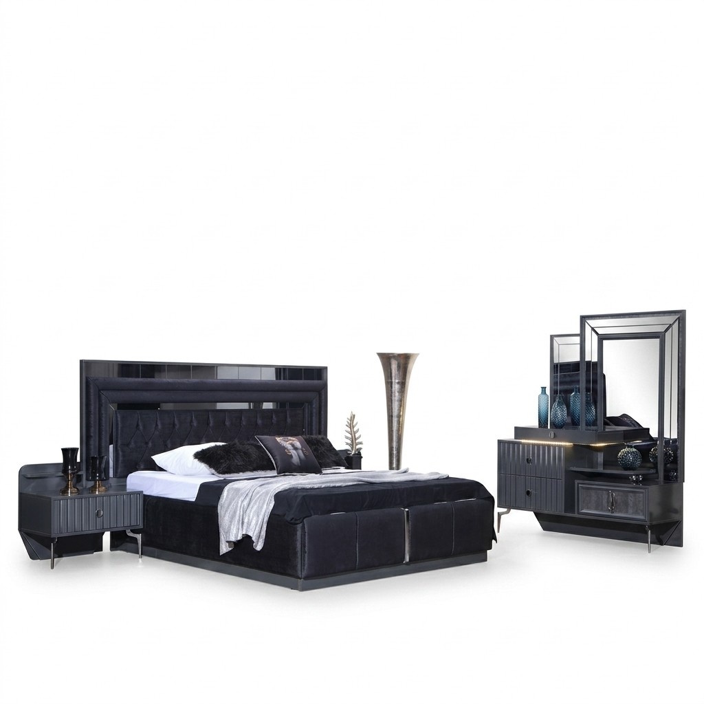 Komplettes Schwarzes Schlafzimmer Set Luxus Doppelbett Nachttische 4tlg