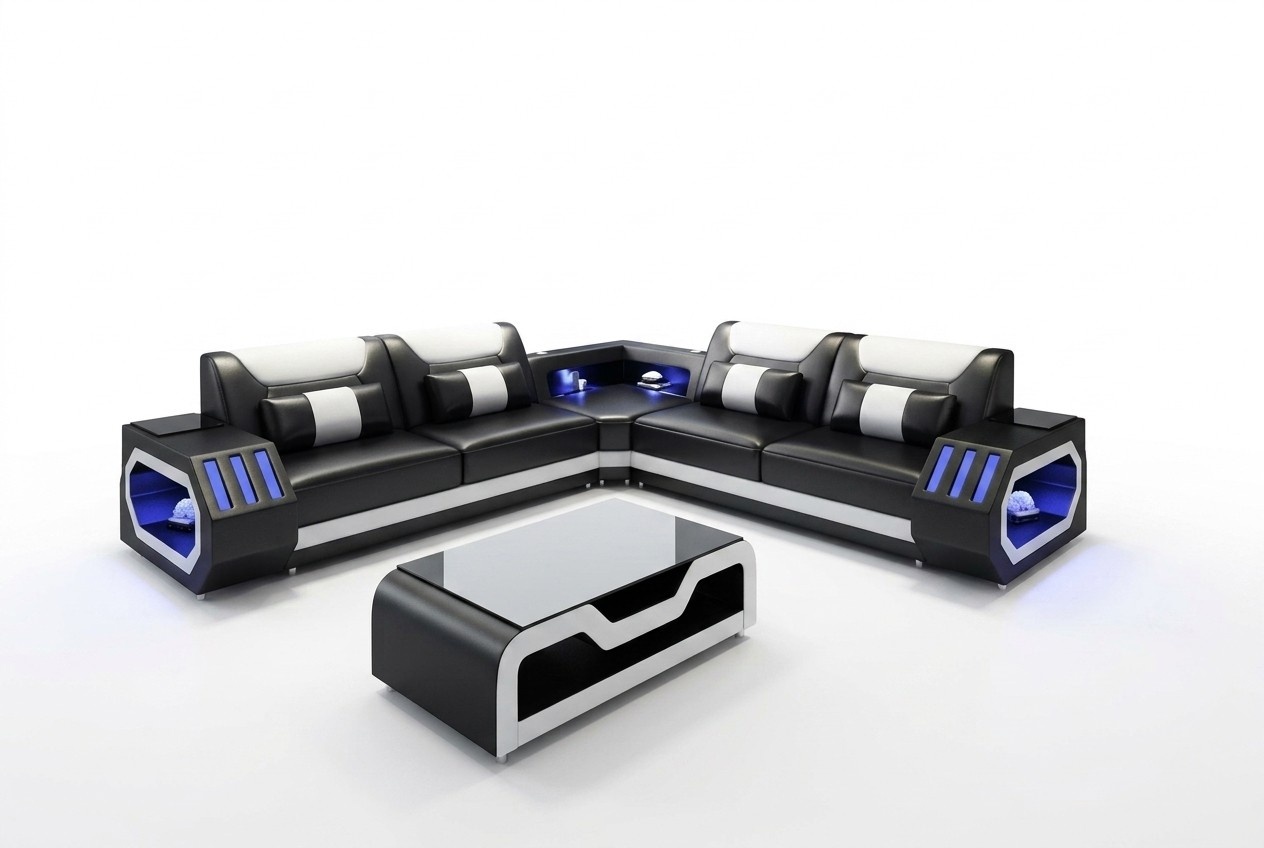 LED Beleuchtete Ecksofa Wohnzimmer Leder Couch Sitz Polster Wohnlandschaft Sofa
