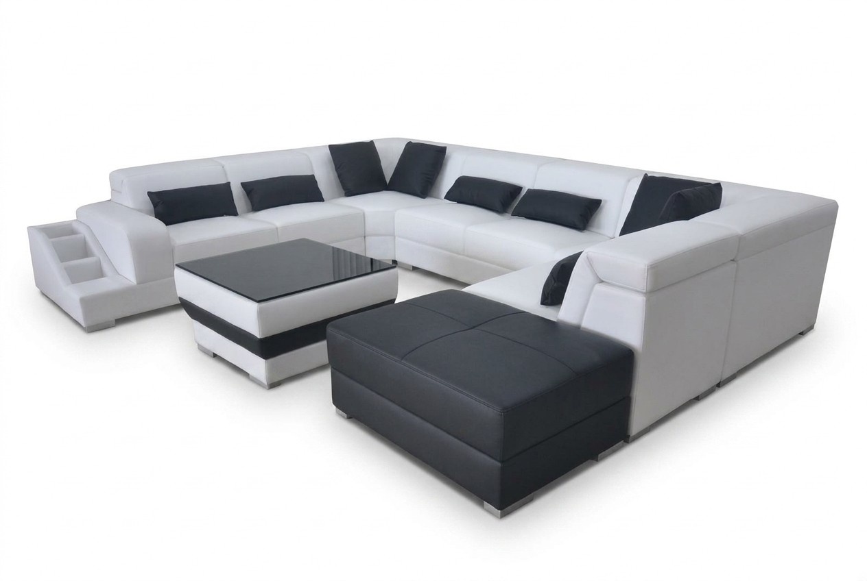 Leder Eck Sofa Wohnlandschaft Garnitur Design Modern Couch Sofas USB LED Weiß