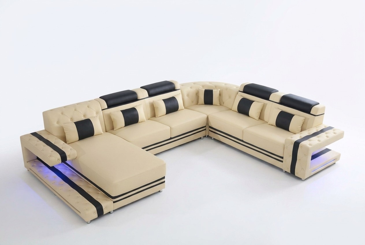 Leder Polster Sitz Design Modern Eck Garnitur Sofa Wohnlandschaft U Form USB LED