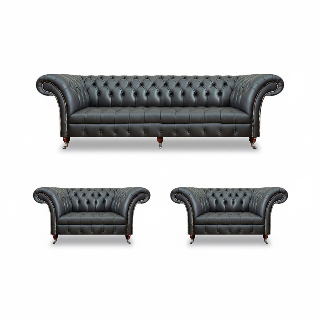 Leder Sofa Set 3tlg Sofa Dreisitze Couch 2x Sessel Wohnzimmer Chesterfield
