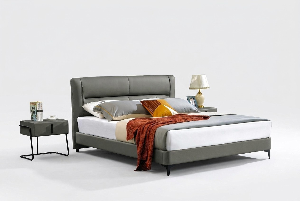 Lederbett Komplettes Schlafzimmer Bett Nachttischen 3 tlg. Garnitur Hotel Sets.
