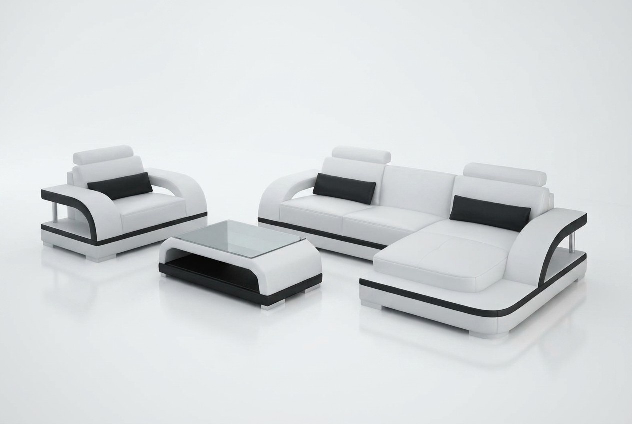 Ledersofa Couch Wohnlandschaft Ecksofa + 1Sitzer Garnitur Modern Sofa