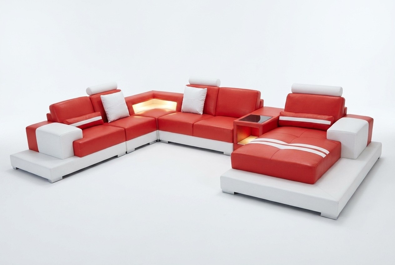 Ledersofa Couch Wohnlandschaft Garnitur Design Modern Sofa U-Form mit USB Licht