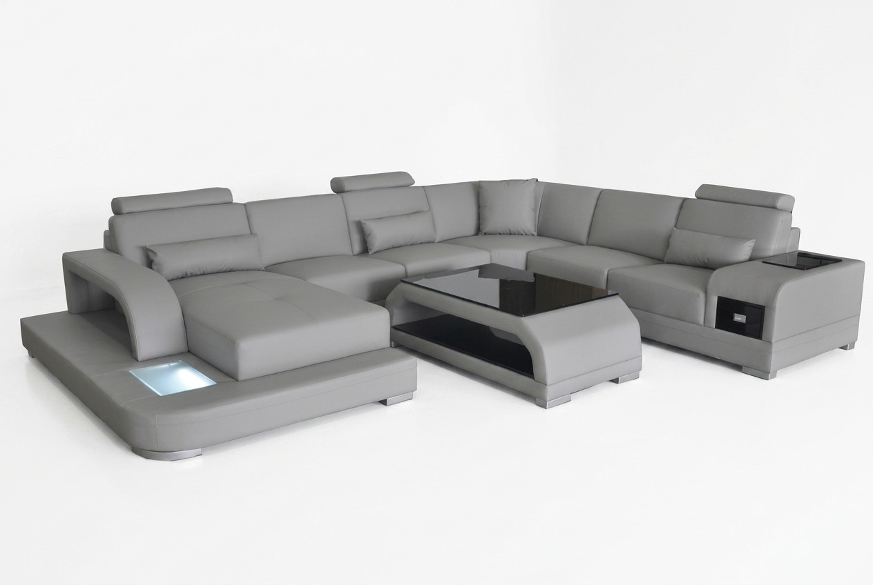 Ledersofa Wohnlandschaft Ecksofa Sitzecke Sitzgarnitur Sofa Couch + USB + Tisch