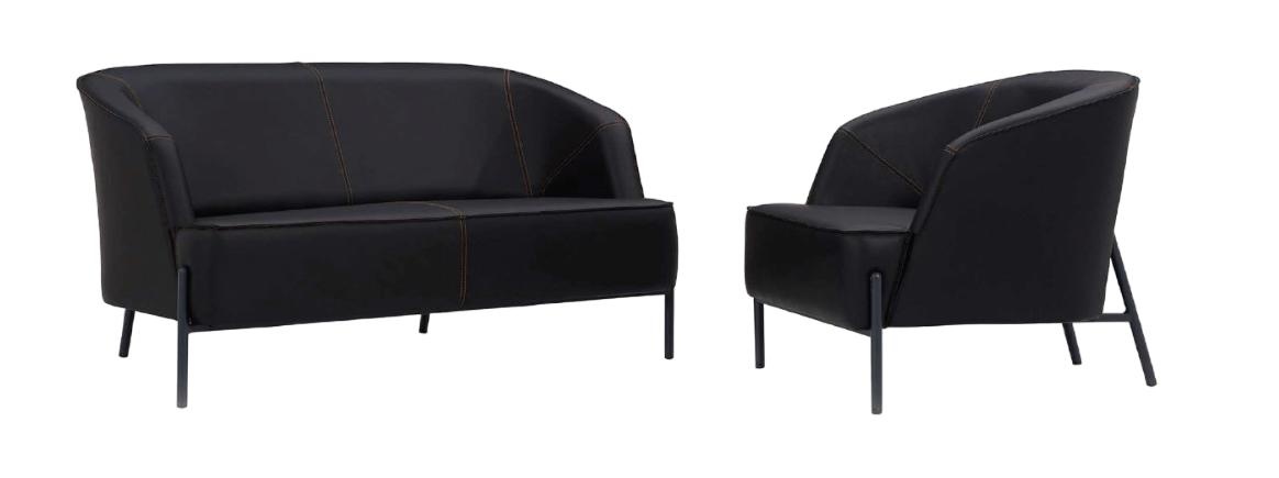 Ledersofas Set 1-Sitzer 2-Sitzer 2x Sessel Schwarz Polster Einrichtung Holz