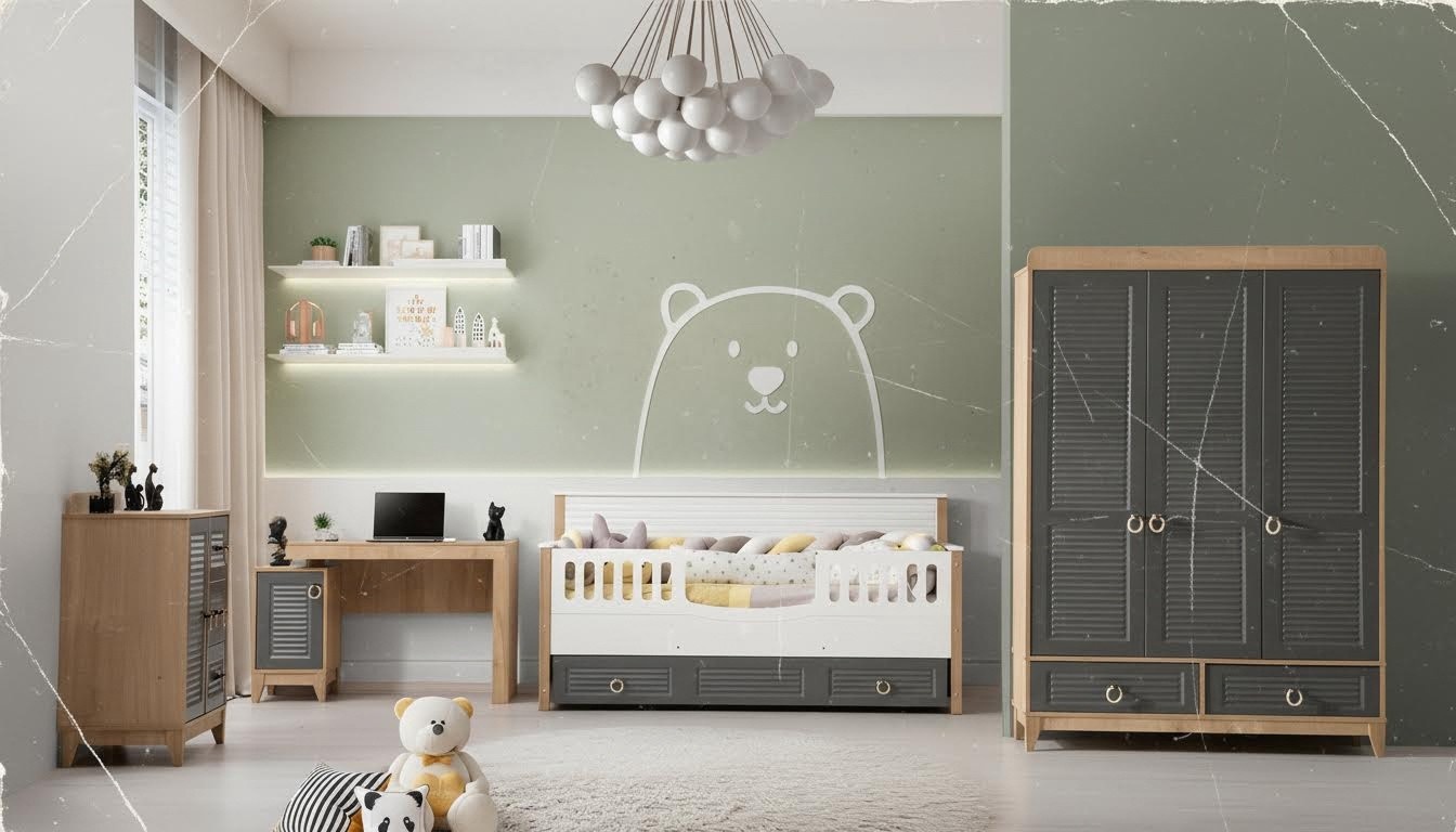 Luxuriös Kindermöbel Garnitur Kinderzimmer Kinderbett Grau Holz Set 4tlg