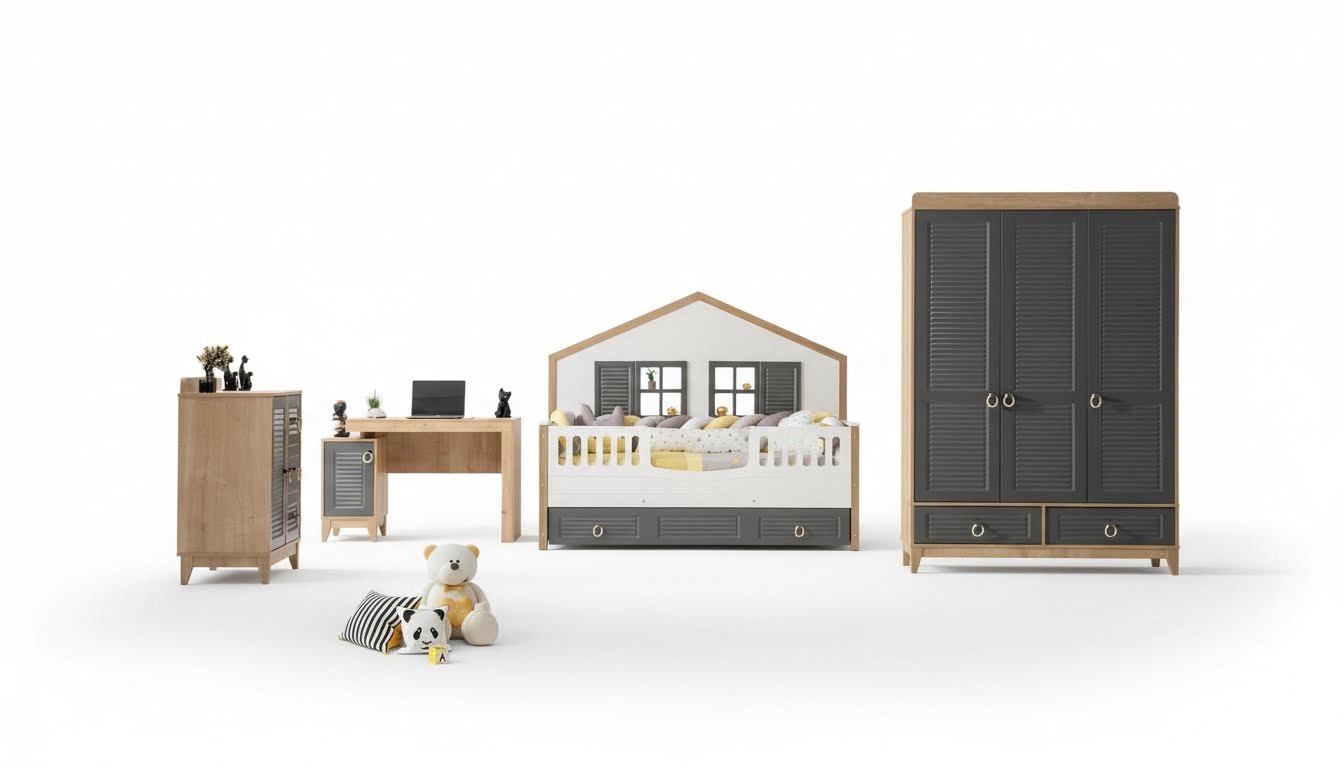 luxuriös Komplette Kindermöbel Bett Holz Set 4tlg Kinderzimmer Grau