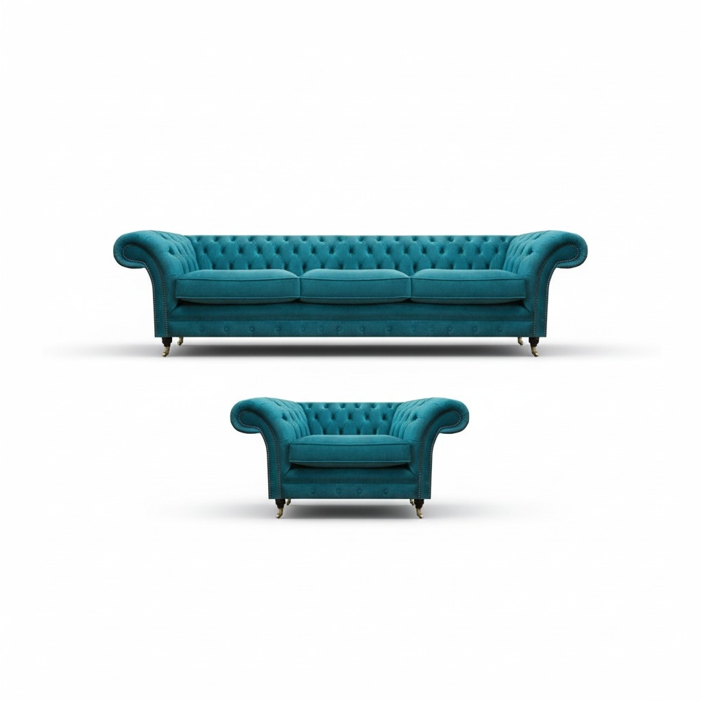 Luxuriöse Blau Sofagarnitur 3+1 Sitzer Chesterfield Wohnzimmer Polstermöbel