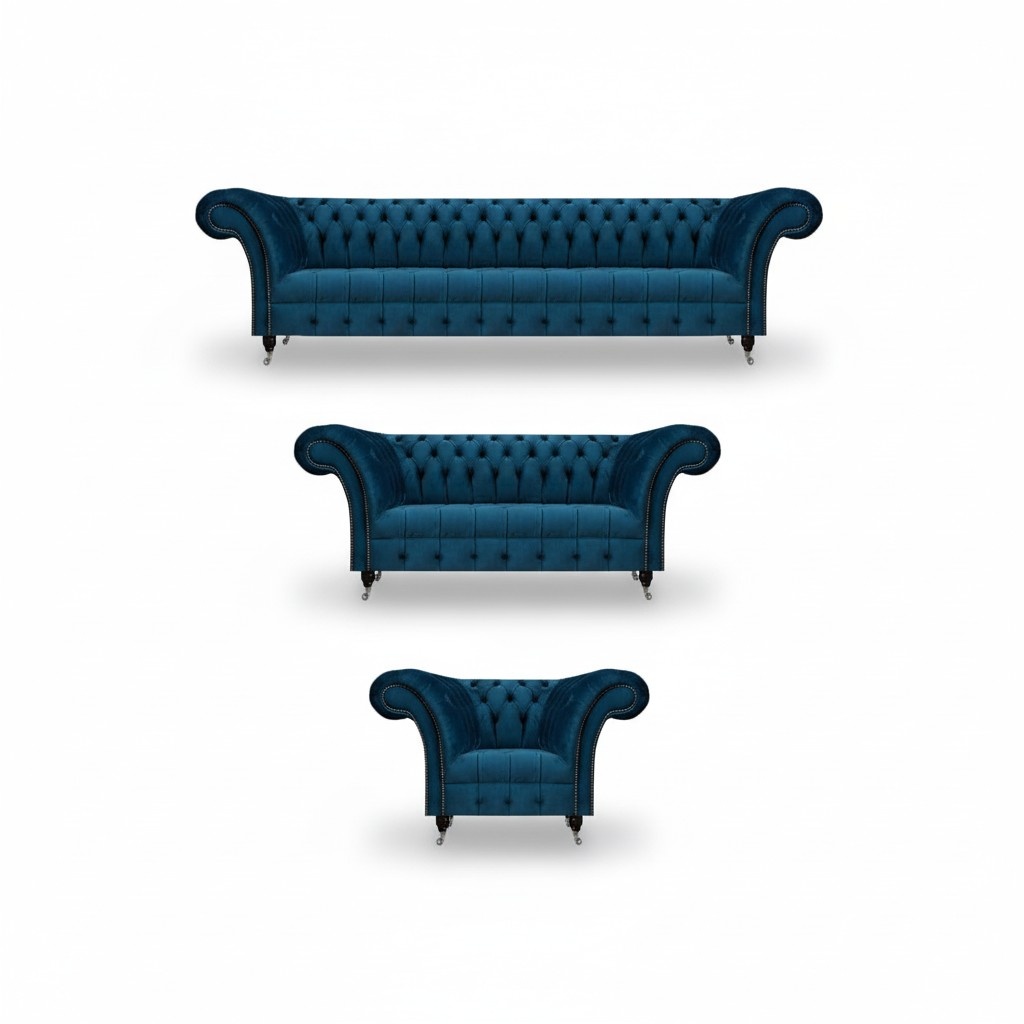 Luxuriöse Chesterfield Blaue Polstergarnitur Designer Textilsofas Sessel