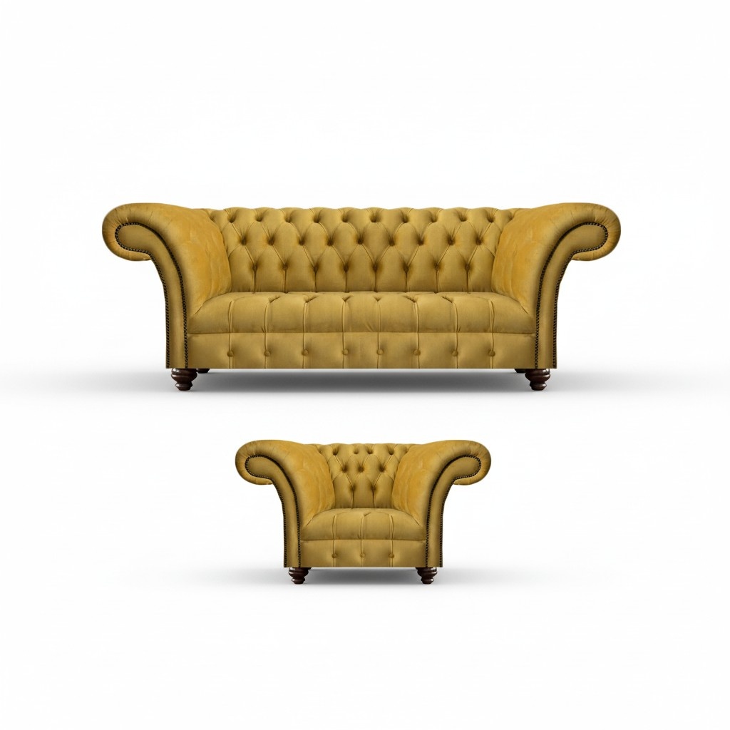 Luxuriöse Chesterfield Gelbe Couch Textil Sessel Moderner 3-Sitzer 2tlg