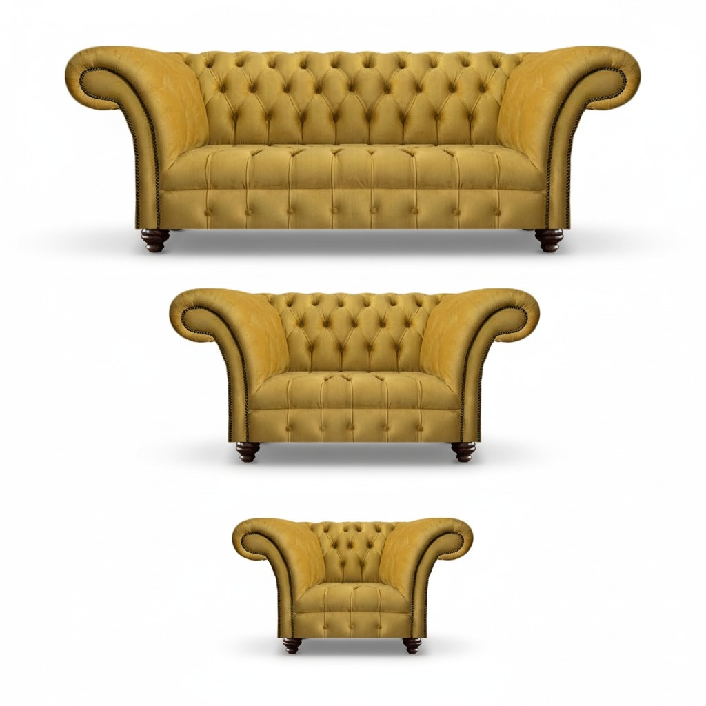 Luxuriöse Gelbe Chesterfield Textil Couchen Dreisitzer 2-Sitzer Sessel