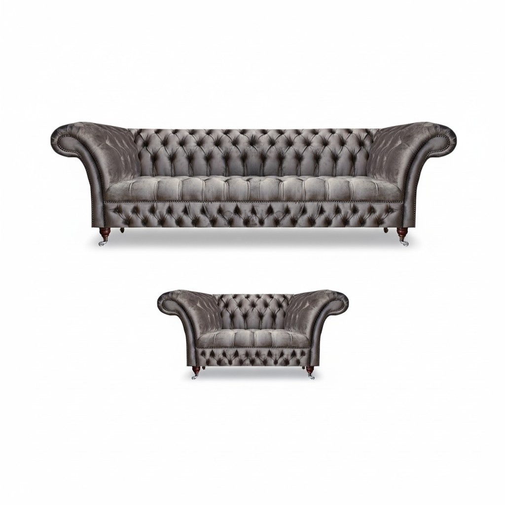 Luxuriöse Grau Möbel Sofas Set 2tlg Sofagarnitur Wohnzimmer Chesterfield