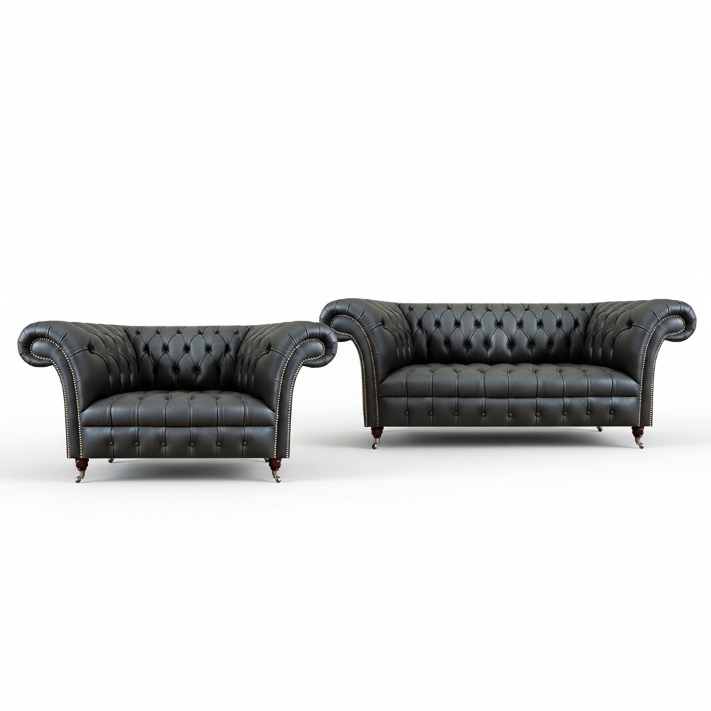 Luxuriöse Möbel Grau Ledersofas 2x Sofa Polstermöbel Wohnzimmer Chesterfield