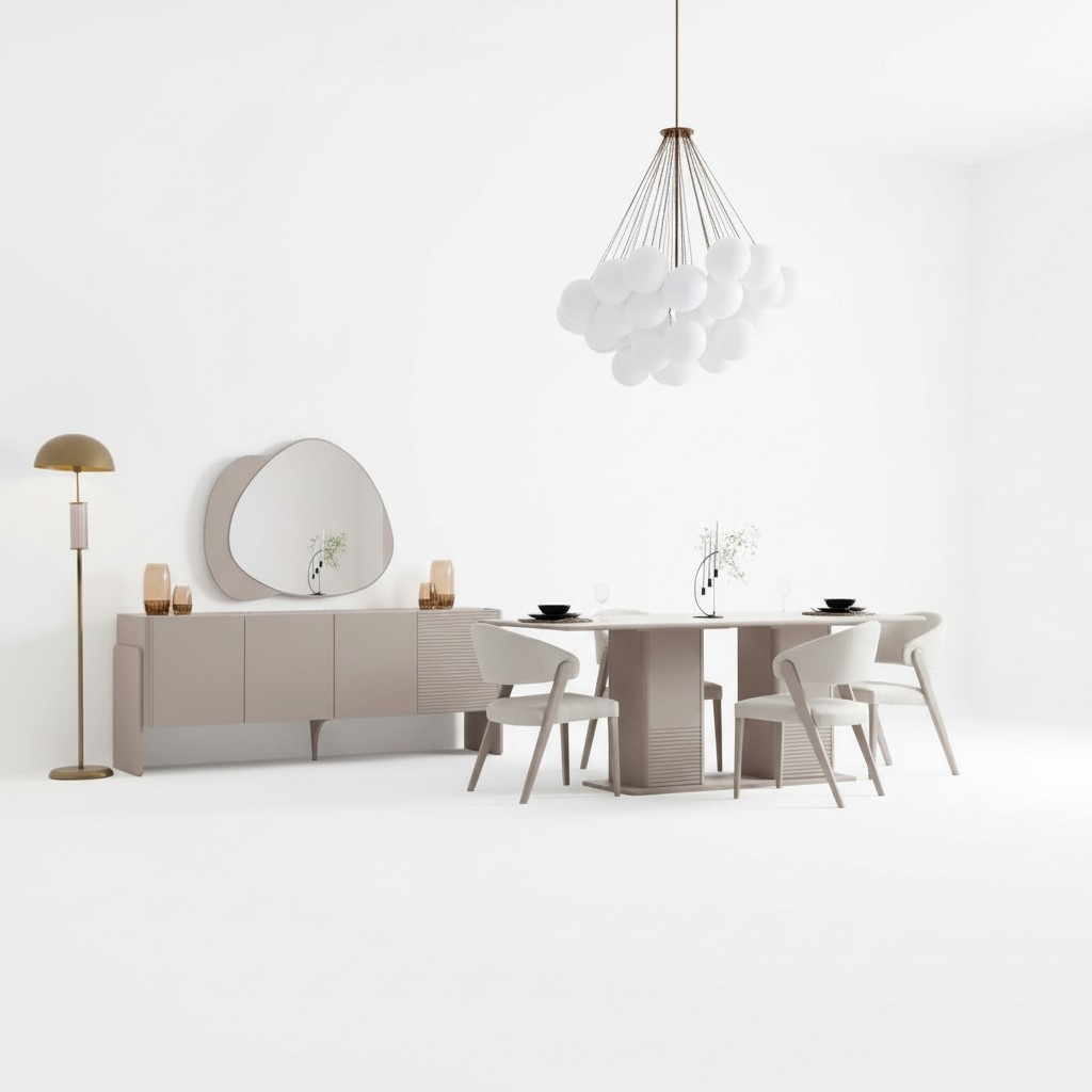 Luxuriöses Beiges Esszimmer Set Holztisch 4x Polsterstühle Anrichte 6tlg