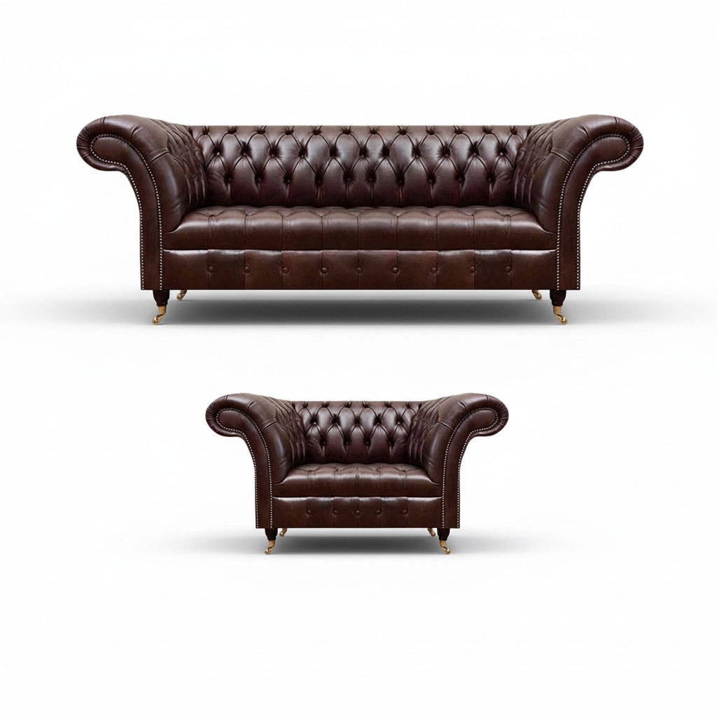 Luxuriöses Braunes Chesterfield Lederset Designer 3-Sitzer Sessel 2tlg