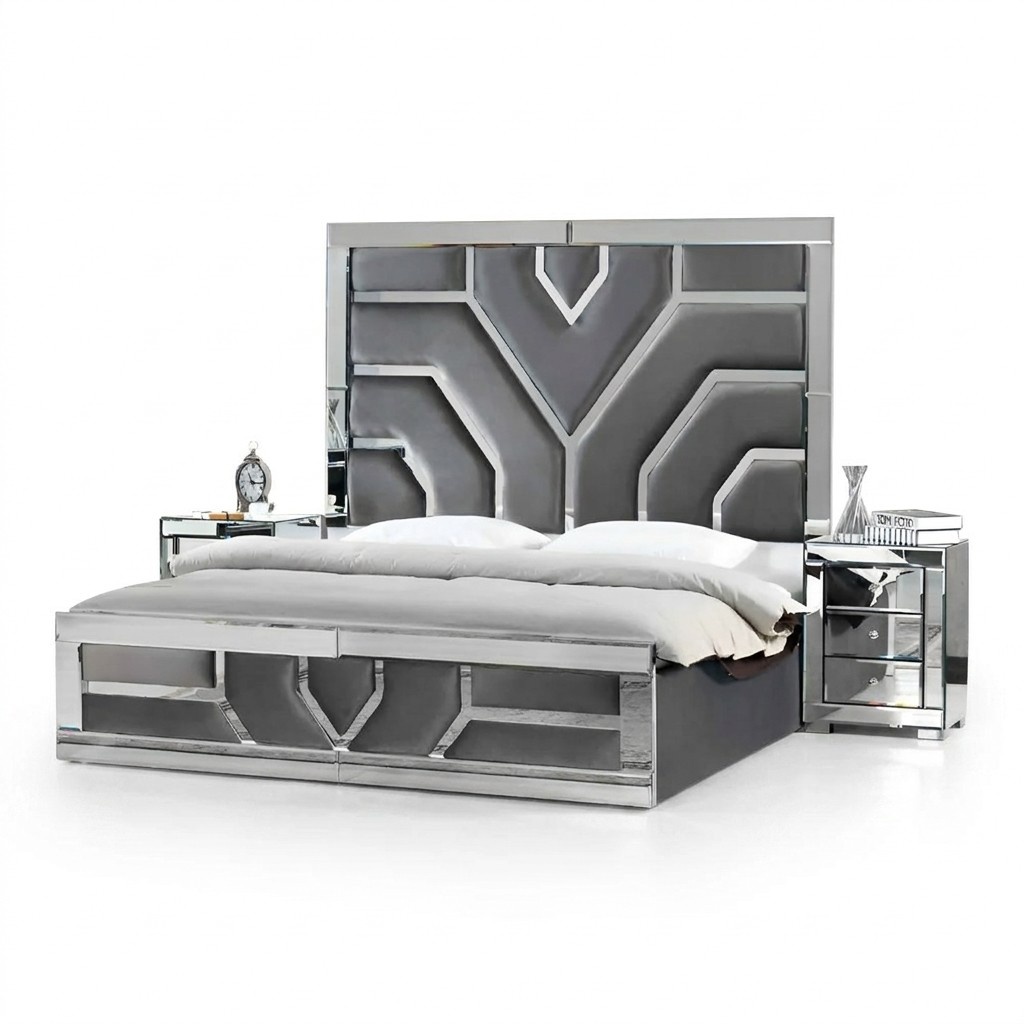 Luxuriöses Graues Schlafzimmer Set Modernes Textil Bett 2x Nachttische