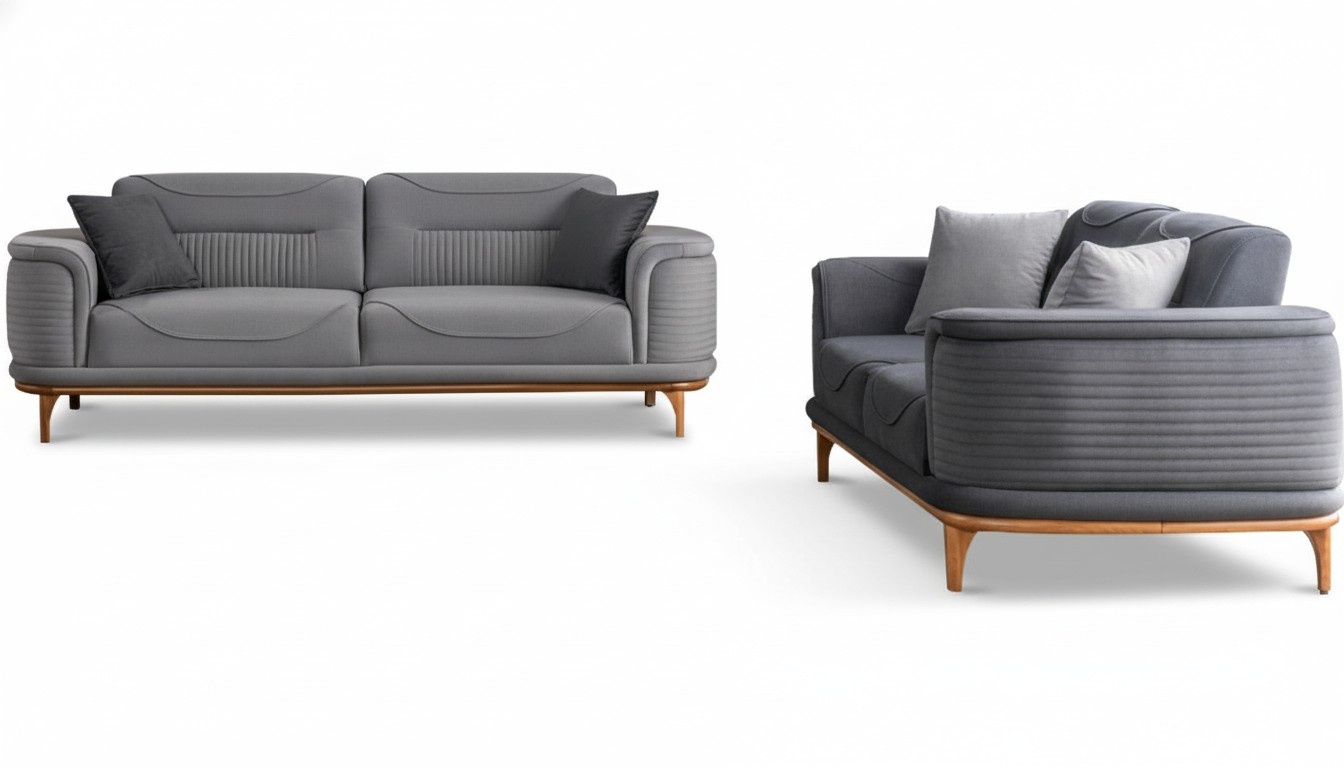 Luxuriöses Sofaset mit 2tlg Dreisitzer-Sofas aus Grauem Textil Neu