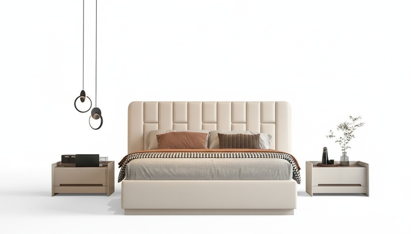 Luxus Beige Bett mit Gestepptem Kopfteil Modernes Design für Schlafzimmer