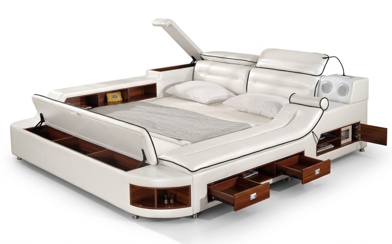 Luxus Bett Bett Leder Betten 180x200 Multifunktion Schlafzimmer Liege Regale Neu
