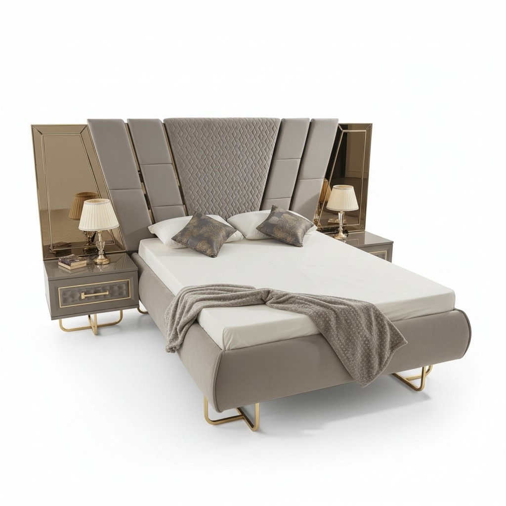Luxus Bett Hotel Betten mit 2x Nachttisch Gold Glänzende Möbel Schlafzimmer