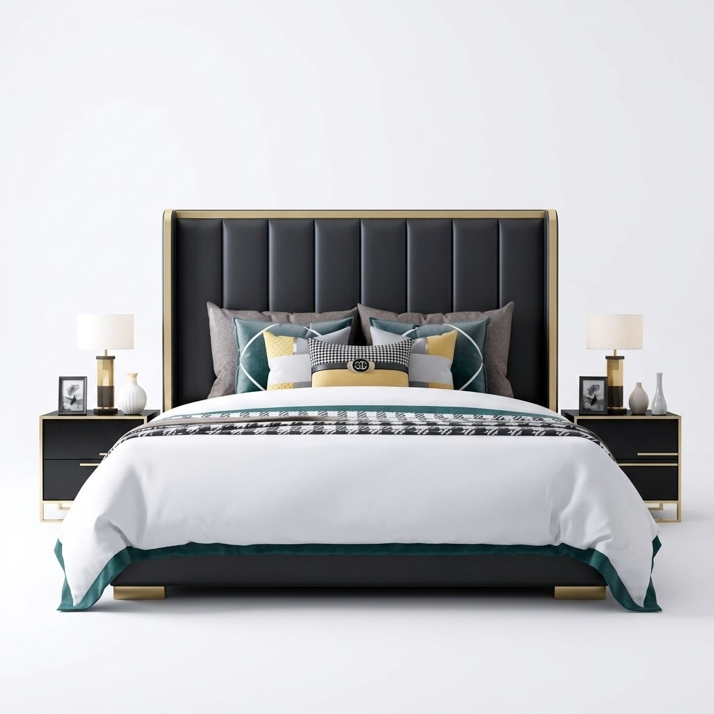 Luxus Bett Schlafzimmer Italienisches Leder Polster Doppel Betten Metall Design