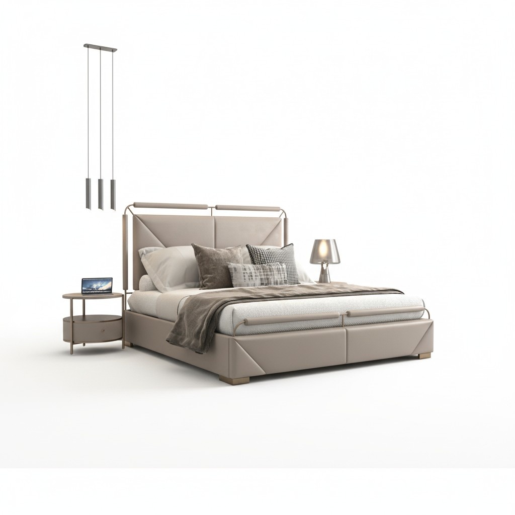 Luxus Bettgestell Modernes Design Beige mit Goldakzenten und Stilvollem Kopfteil