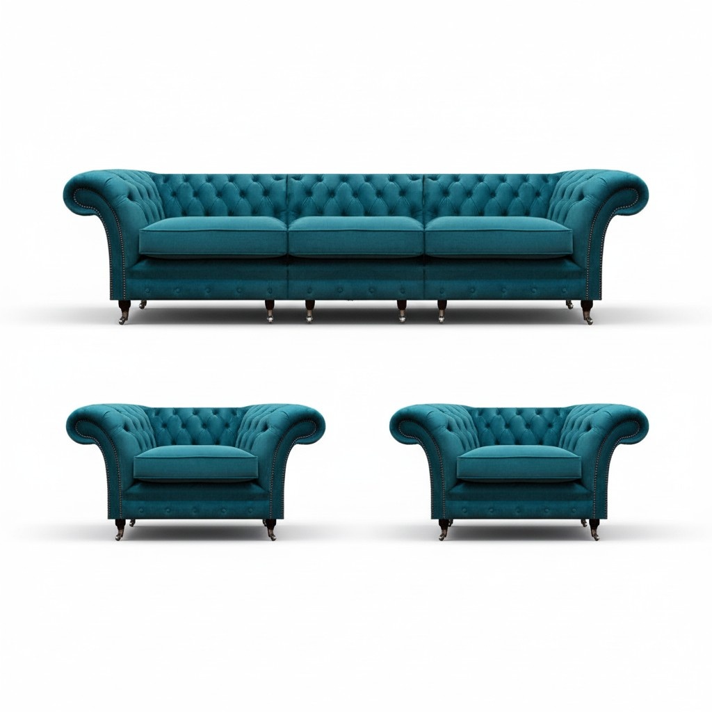 Luxus Blau Designer Komplett Textil Chesterfield Wohnzimmer Polstermöbel