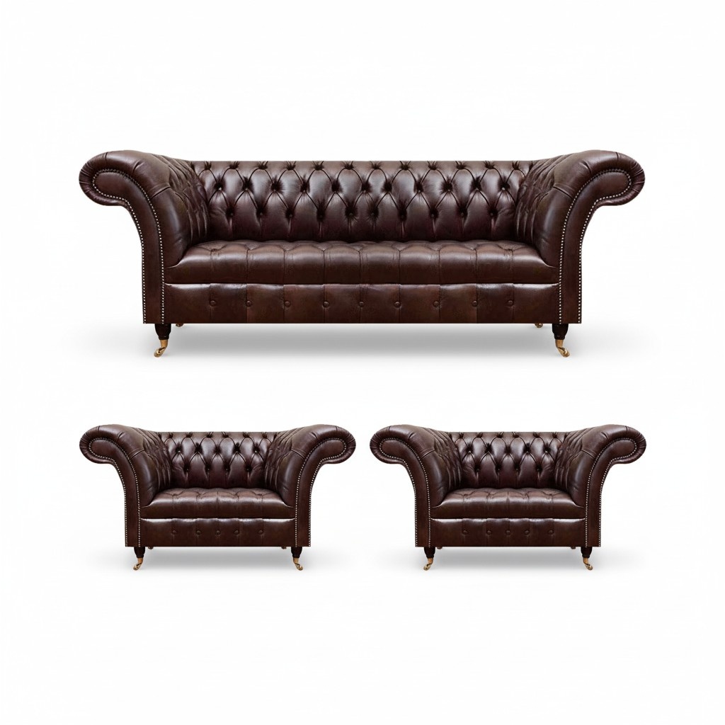 Luxus Braune Chesterfield Ledermöbel Designer Dreisitzer 2x Sessel 3tlg