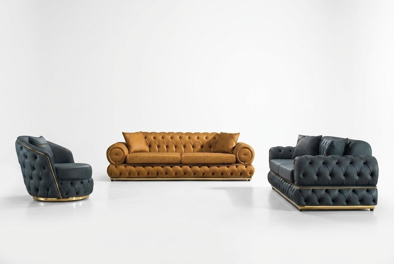 Luxus Chesterfield Sofagarnitur 3+3+1 Sitzer Garnitur Sofa Sessel Sofas Leder