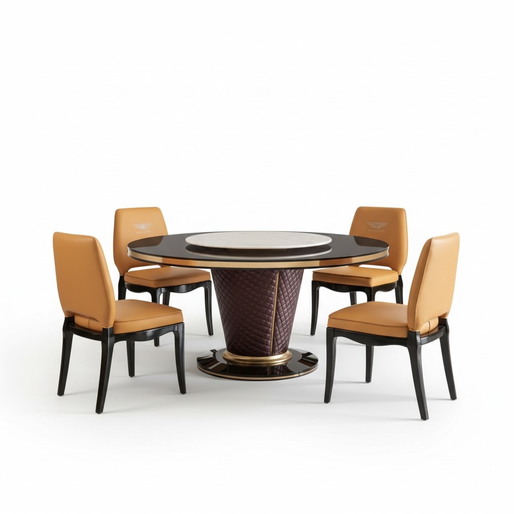 Luxus Designer Esszimmer mit Runden Esstisch & 6 x Lehn Stühle Metall Leder Neu