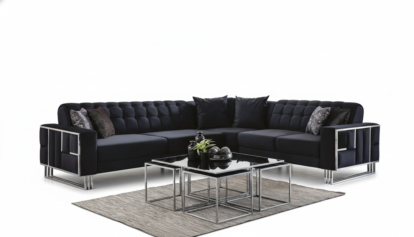 Luxus Ecksofa Textil Couchen Möbel Eckgarnitur Metall Elemente Couch Sofa