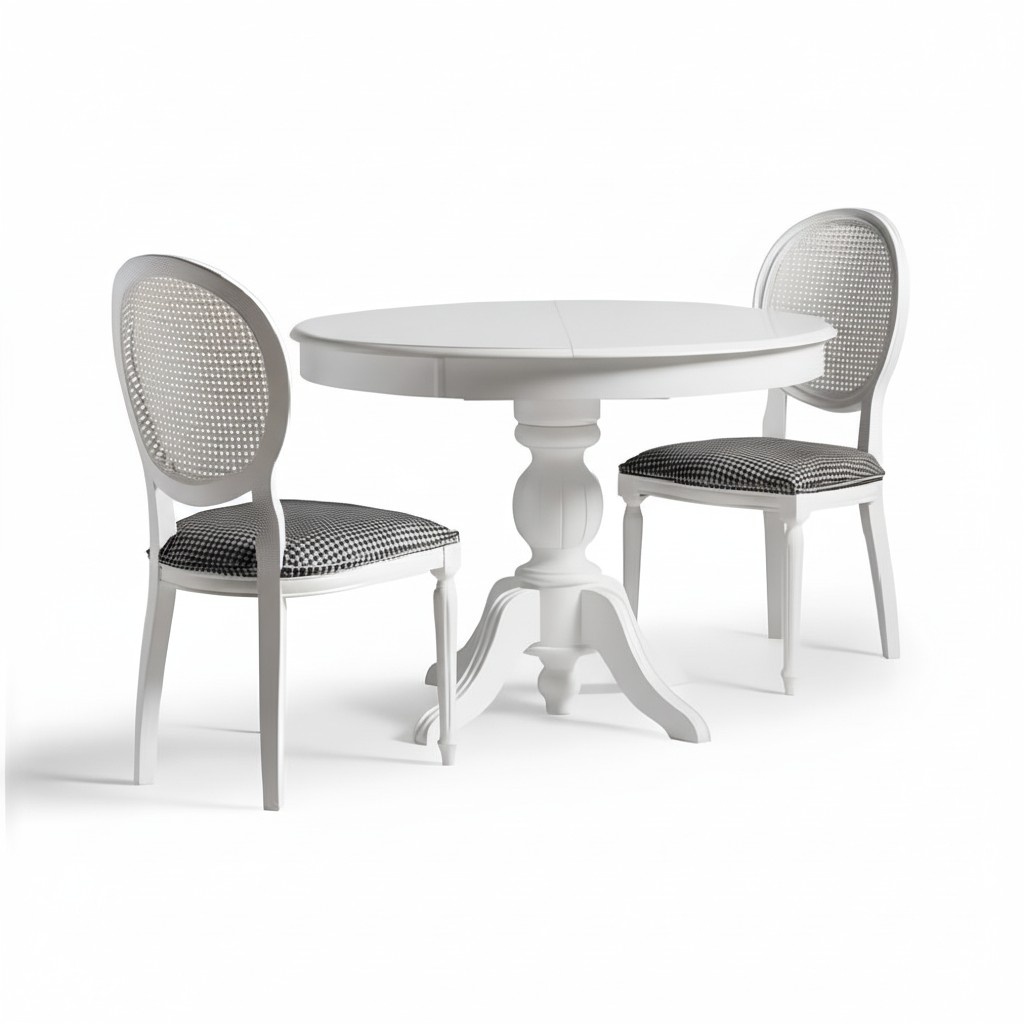 Luxus Essgruppe Esszimmer Runder Esstisch Stühle 3tlg Weiß Stoff Holz