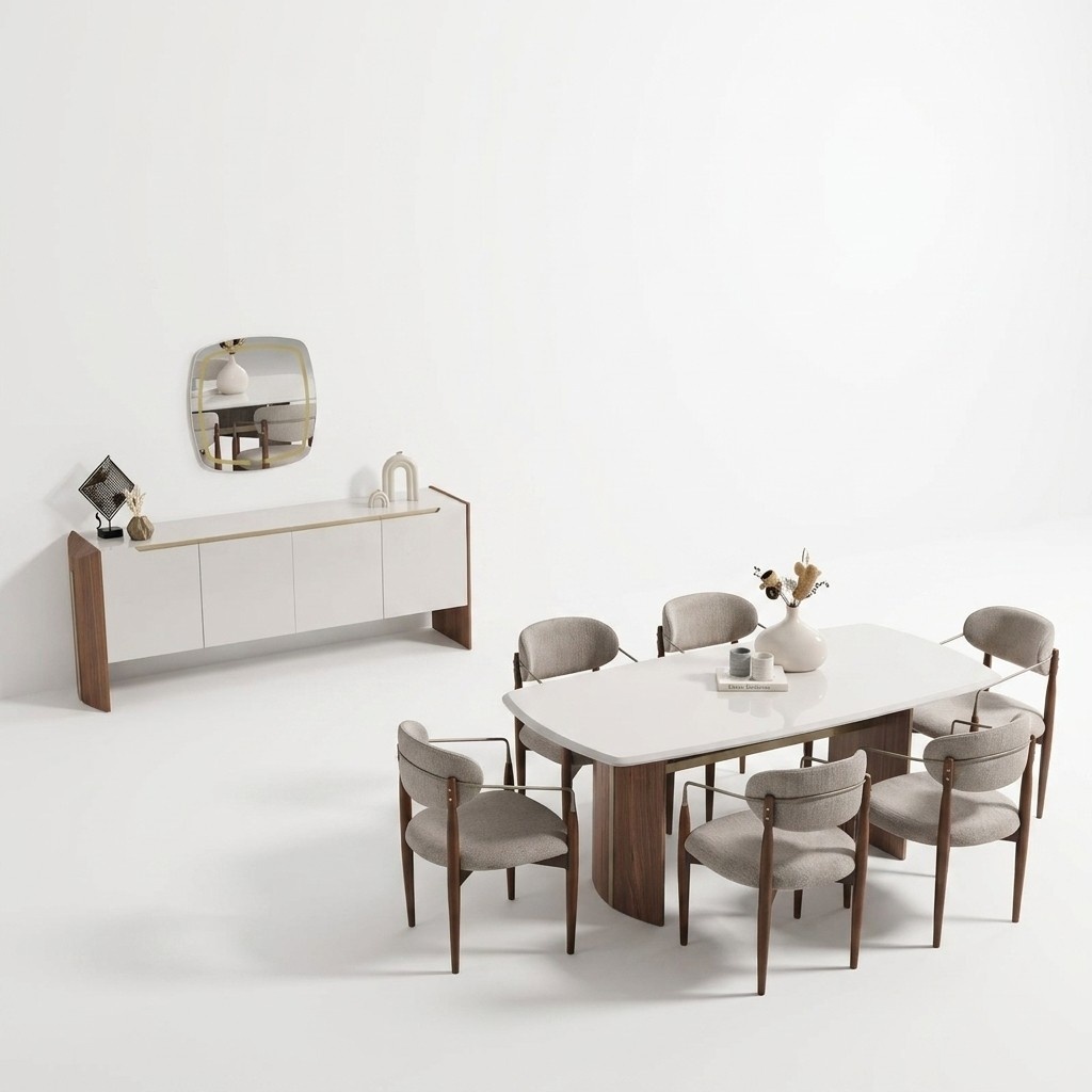 Luxus Esszimmer-Set Beigefarbene Holz- und Textilmöbel mit Spiegel